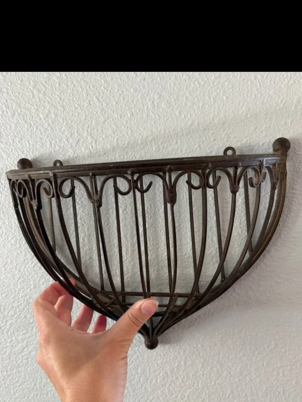 Vintage Wrought Iron Hanging Wall Pocket Planter Basket Large Half Moon
